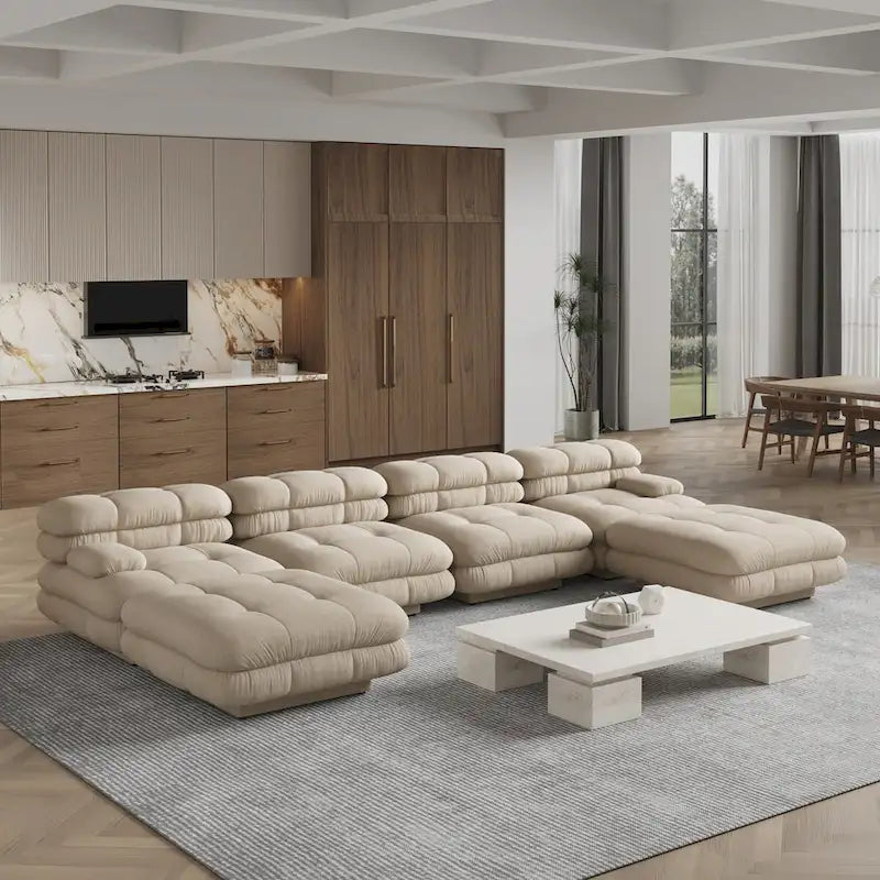 Canapé d'angle modulaire 6 places en forme de U de 3,71 m en velours Teddy avec méridiennes poufs
