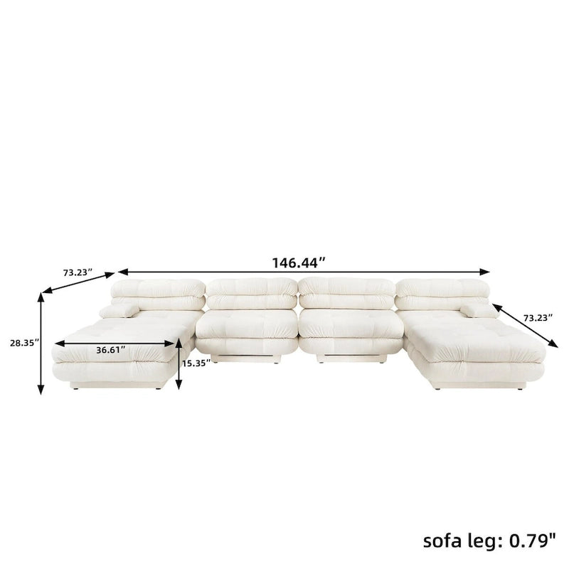 Canapé d'angle modulaire 6 places en forme de U de 3,71 m en velours Teddy avec méridiennes poufs