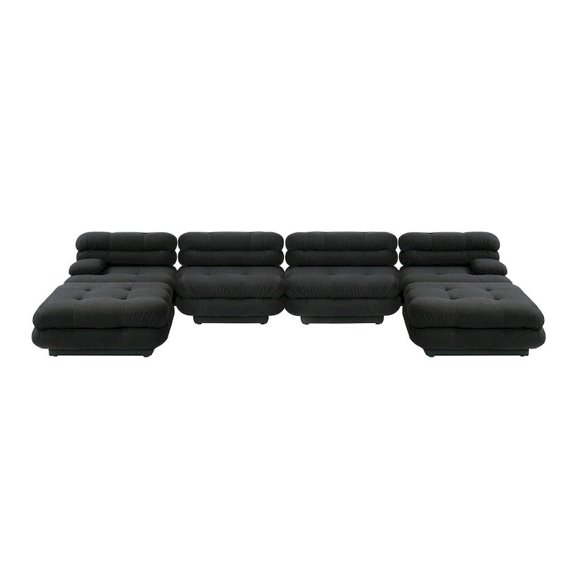 Canapé d'angle modulaire 6 places en forme de U de 3,71 m en velours Teddy avec méridiennes poufs