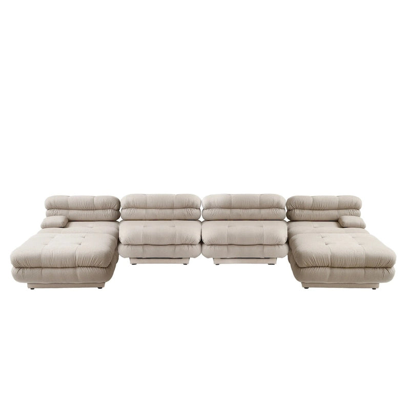 Canapé d'angle modulaire 6 places en forme de U de 3,71 m en velours Teddy avec méridiennes poufs