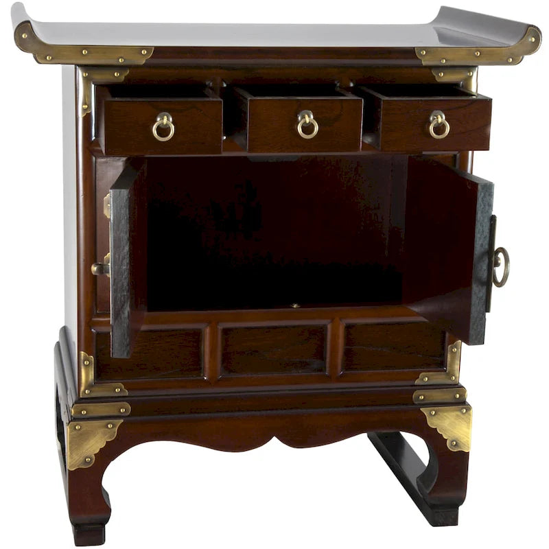 Table d'appoint ou de chevet à 3 tiroirs de style asiatique ancien, faite à la main