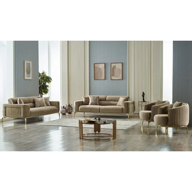 Ensemble de salon 4 pièces – 2 canapés et 2 fauteuils avec pieds dorés