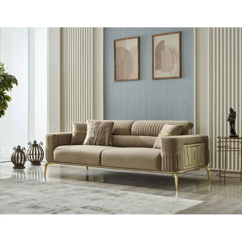 Ensemble de salon 4 pièces – 2 canapés et 2 fauteuils avec pieds dorés