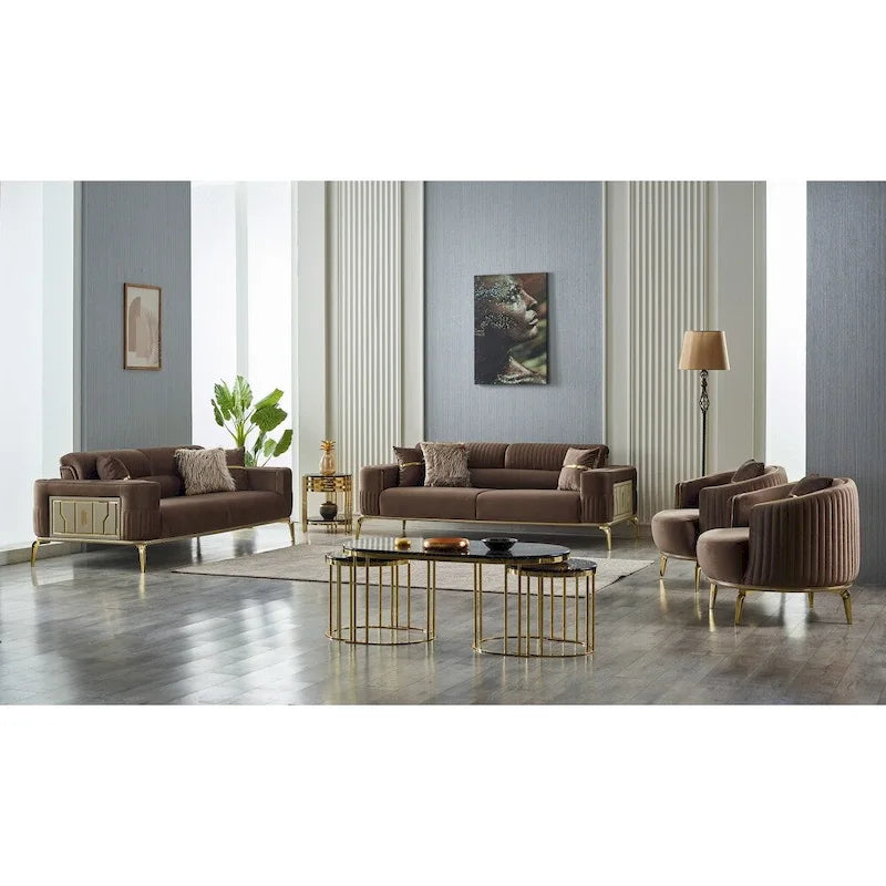 Ensemble de salon 4 pièces – 2 canapés et 2 fauteuils avec pieds dorés