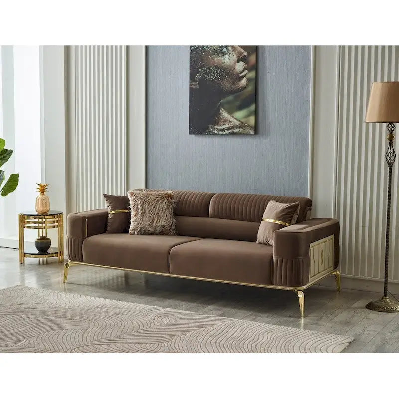 Ensemble de salon 4 pièces – 2 canapés et 2 fauteuils avec pieds dorés