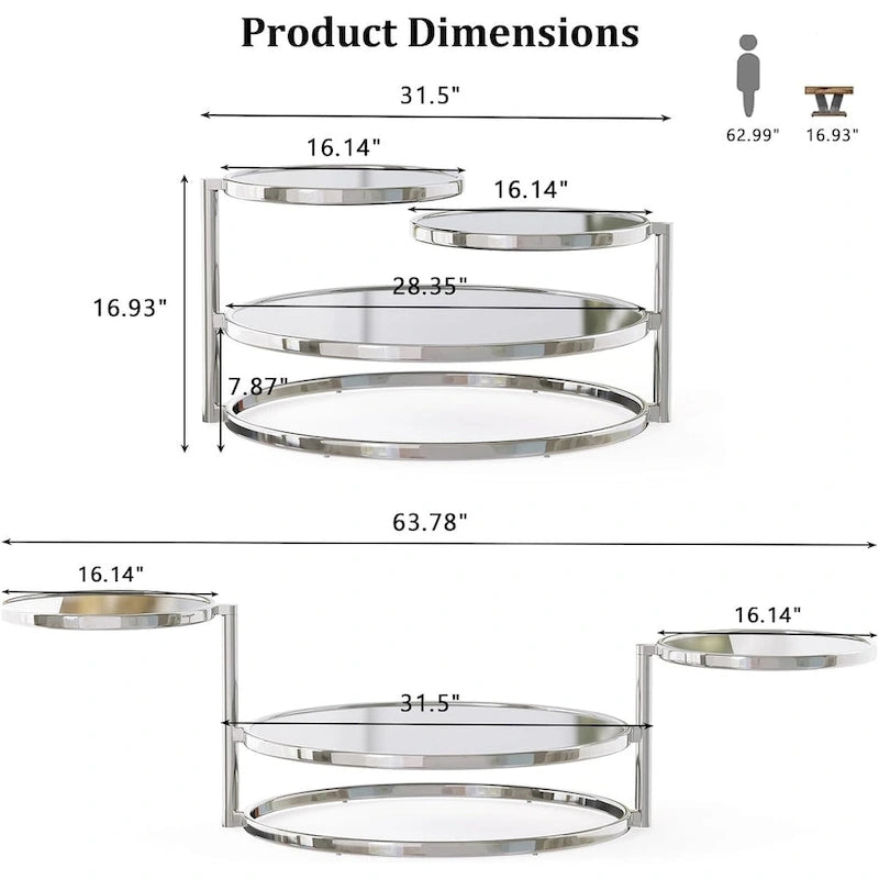 Table basse ronde à 3 niveaux en verre avec plateau rotatif à 360°