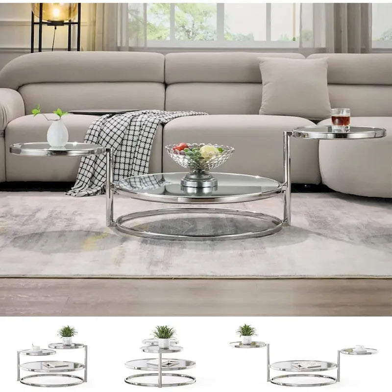 Table basse ronde à 3 niveaux en verre avec plateau rotatif à 360°