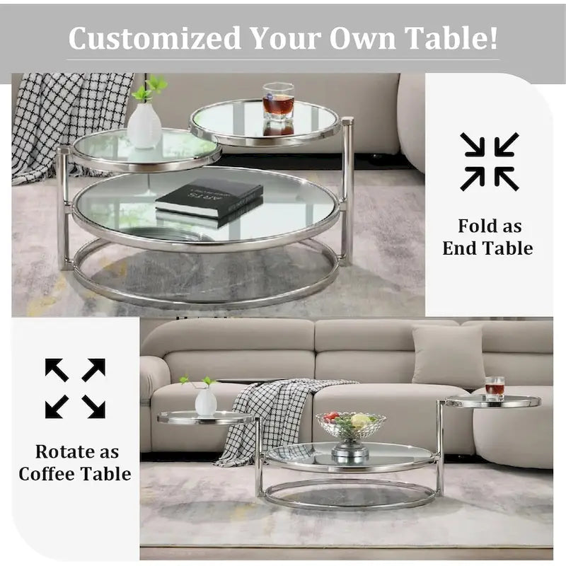 Table basse ronde à 3 niveaux en verre avec plateau rotatif à 360°