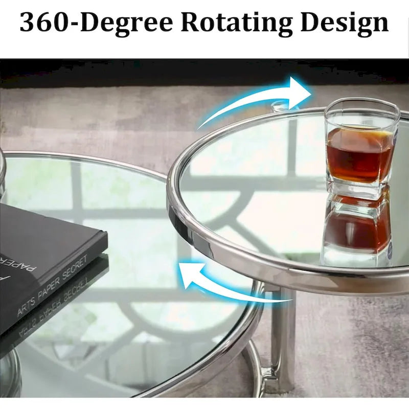 Table basse ronde à 3 niveaux en verre avec plateau rotatif à 360°