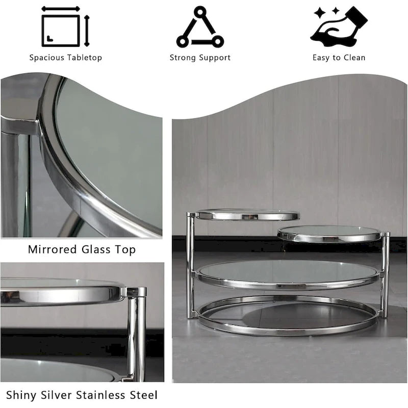 Table basse ronde à 3 niveaux en verre avec plateau rotatif à 360°