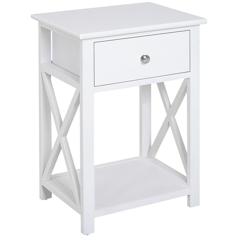 Table d'appoint de ferme blanche avec tiroir, étagère ouverte et cadre en X