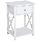 Table d'appoint de ferme blanche avec tiroir, étagère ouverte et cadre en X