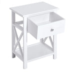 Table d'appoint de ferme blanche avec tiroir, étagère ouverte et cadre en X
