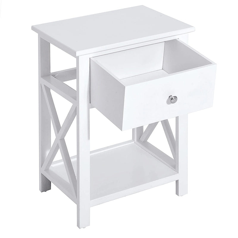 Table d'appoint de ferme blanche avec tiroir, étagère ouverte et cadre en X