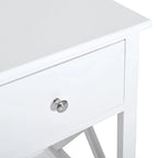 Table d'appoint de ferme blanche avec tiroir, étagère ouverte et cadre en X