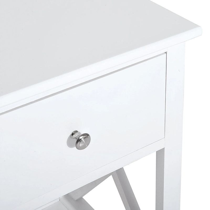 Table d'appoint de ferme blanche avec tiroir, étagère ouverte et cadre en X