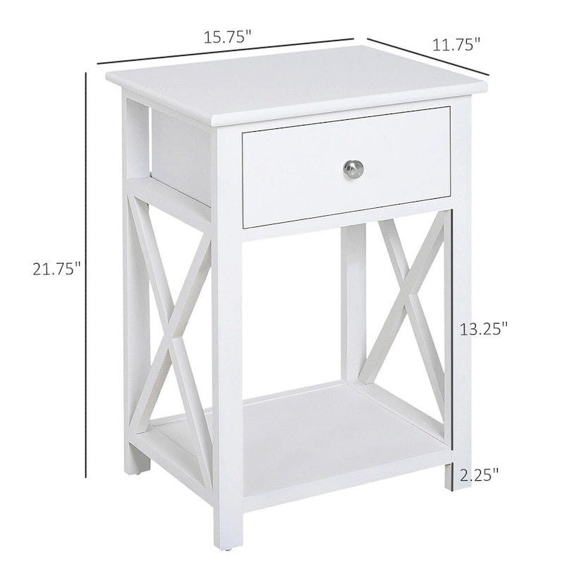 Table d'appoint de ferme blanche avec tiroir, étagère ouverte et cadre en X