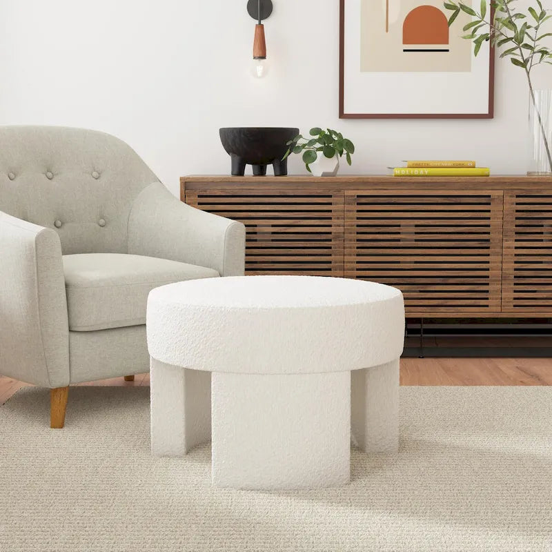 Ottoman moderne en bouclé crème – Repose-pieds, table basse et siège d'appoint