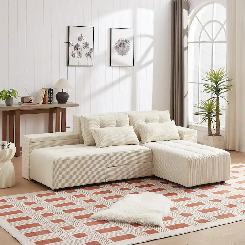 Canapé modulaire sectionnel 3-en-1 en velours côtelé beige avec 4 rangements