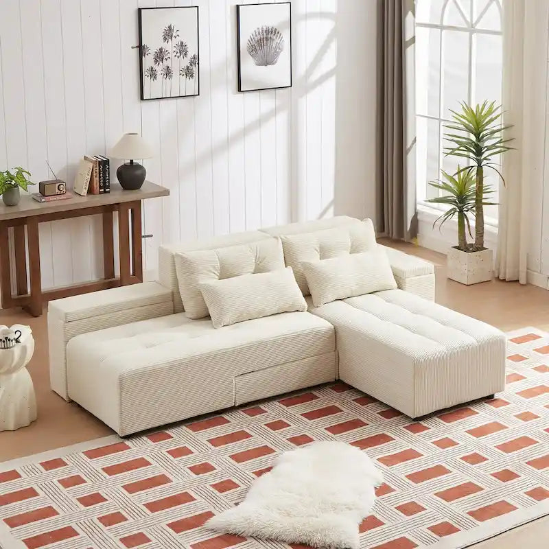 Canapé modulaire sectionnel 3-en-1 en velours côtelé beige avec 4 rangements