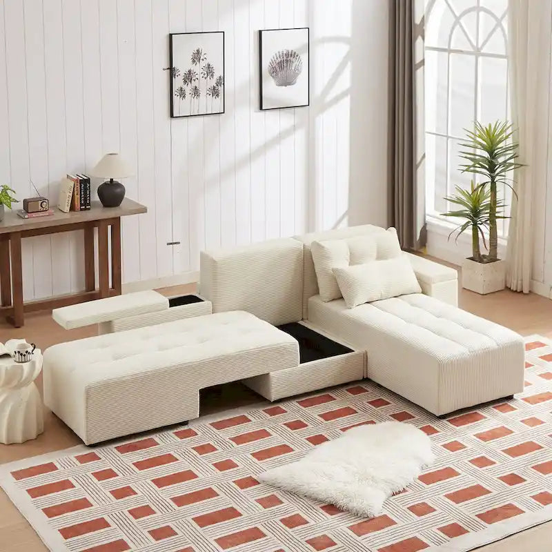 Canapé modulaire sectionnel 3-en-1 en velours côtelé beige avec 4 rangements