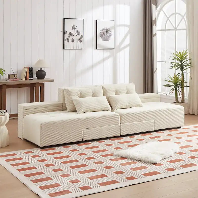 Canapé modulaire sectionnel 3-en-1 en velours côtelé beige avec 4 rangements