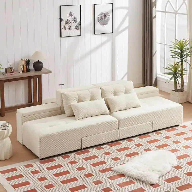 Canapé modulaire sectionnel 3-en-1 en velours côtelé beige avec 4 rangements