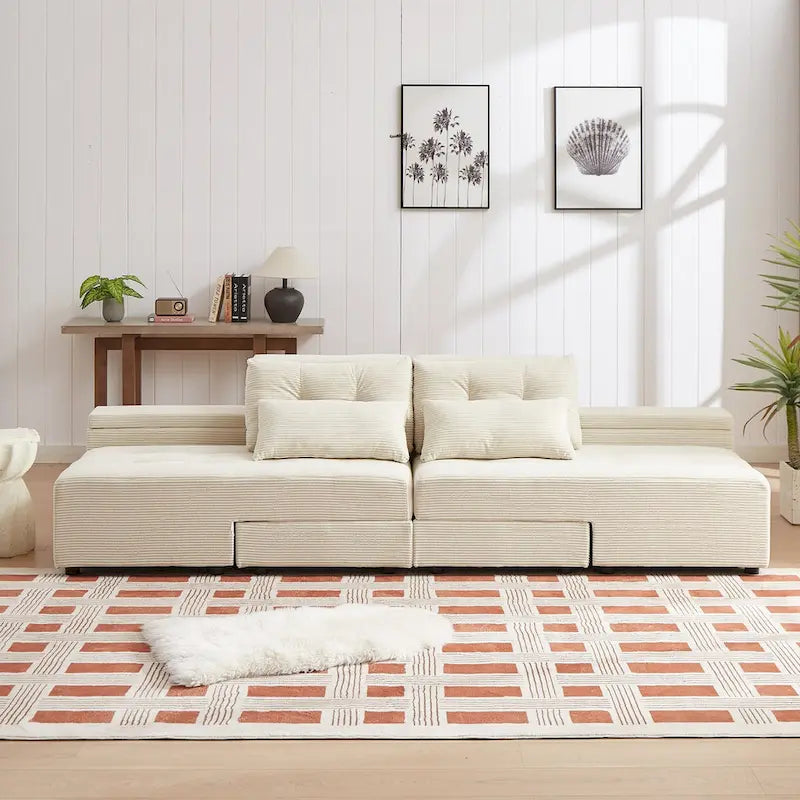 Canapé modulaire sectionnel 3-en-1 en velours côtelé beige avec 4 rangements