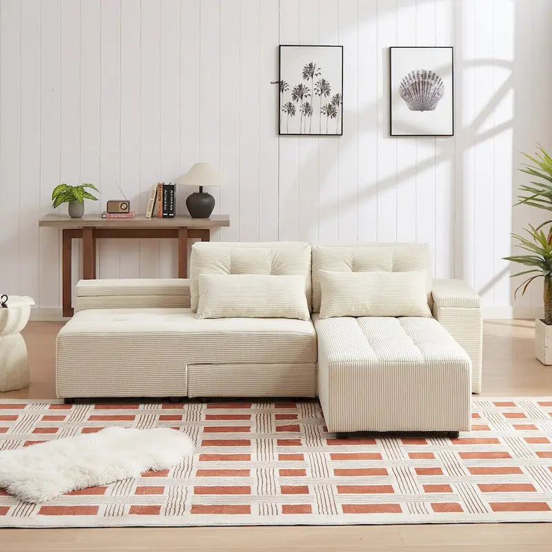Canapé modulaire sectionnel 3-en-1 en velours côtelé beige avec 4 rangements