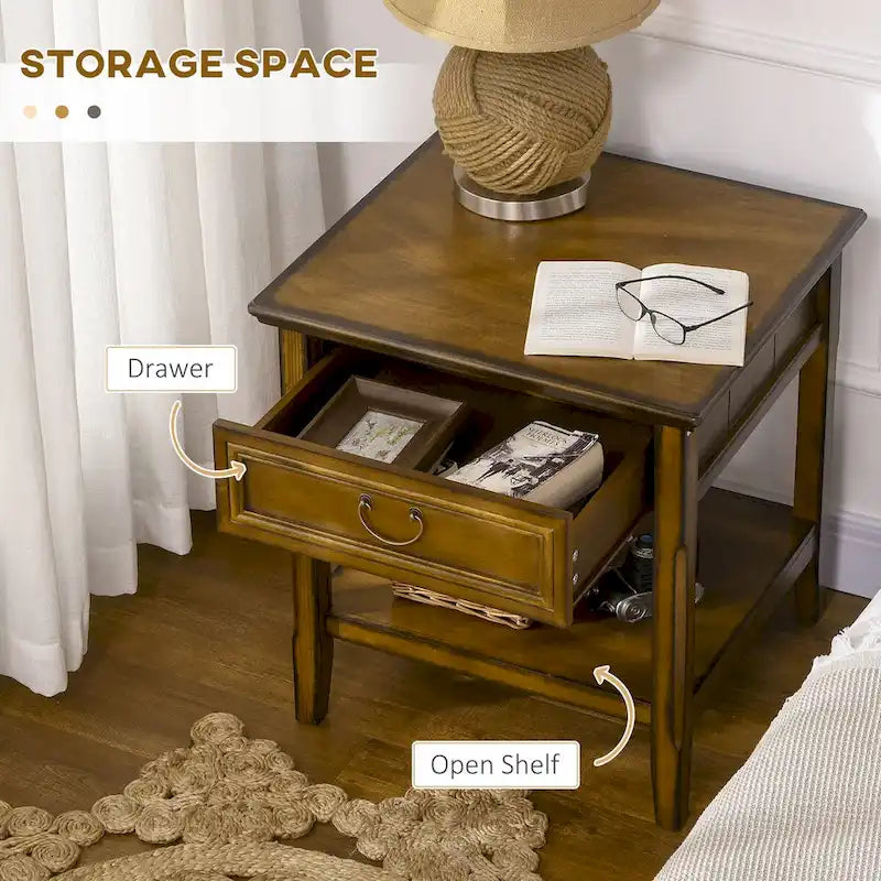 Table d'appoint vintage avec tiroir et étagère ouverte