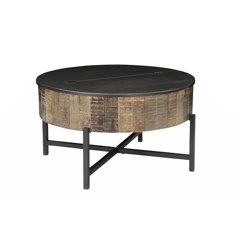 Table basse de rangement ronde en bois de manguier, style rustique et vintage