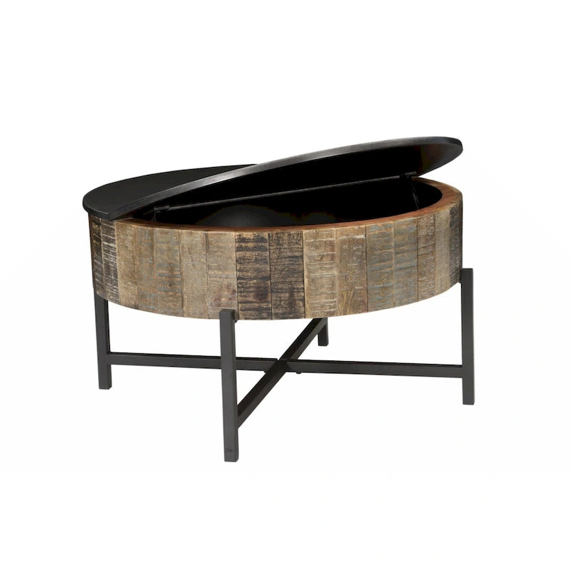 Table basse de rangement ronde en bois de manguier, style rustique et vintage