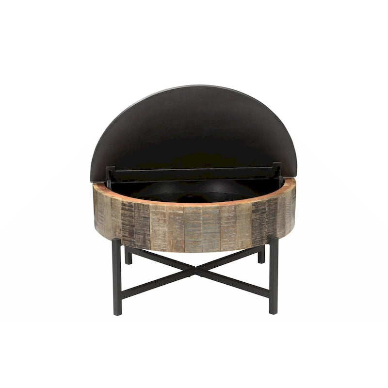 Table basse de rangement ronde en bois de manguier, style rustique et vintage