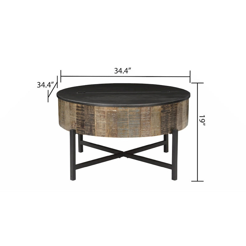 Table basse de rangement ronde en bois de manguier, style rustique et vintage