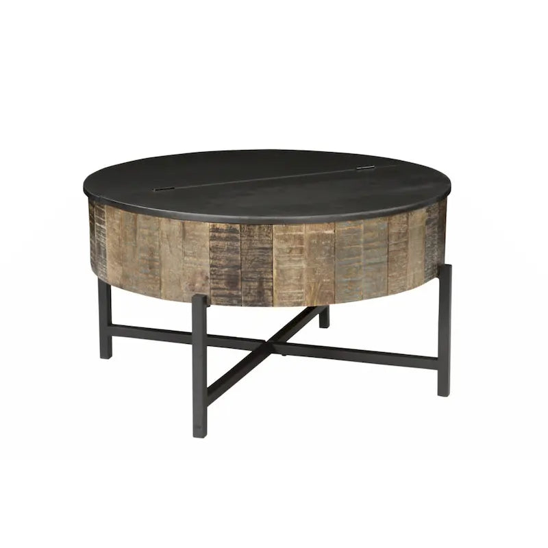 Table basse de rangement ronde en bois de manguier, style rustique et vintage