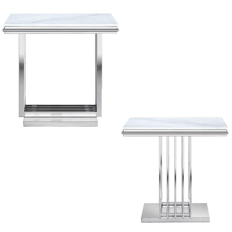 Table d'appoint carrée de 61 cm en verre argenté avec base en acier inoxydable