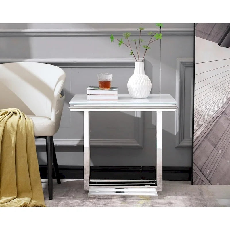 Table d'appoint carrée de 61 cm en verre argenté avec base en acier inoxydable