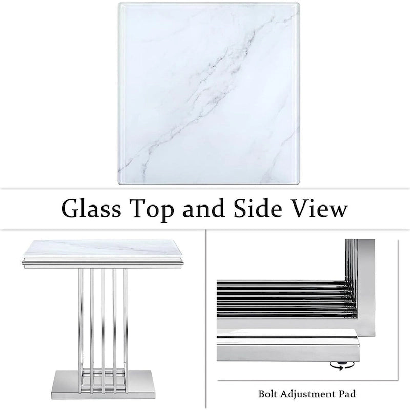Table d'appoint carrée de 61 cm en verre argenté avec base en acier inoxydable