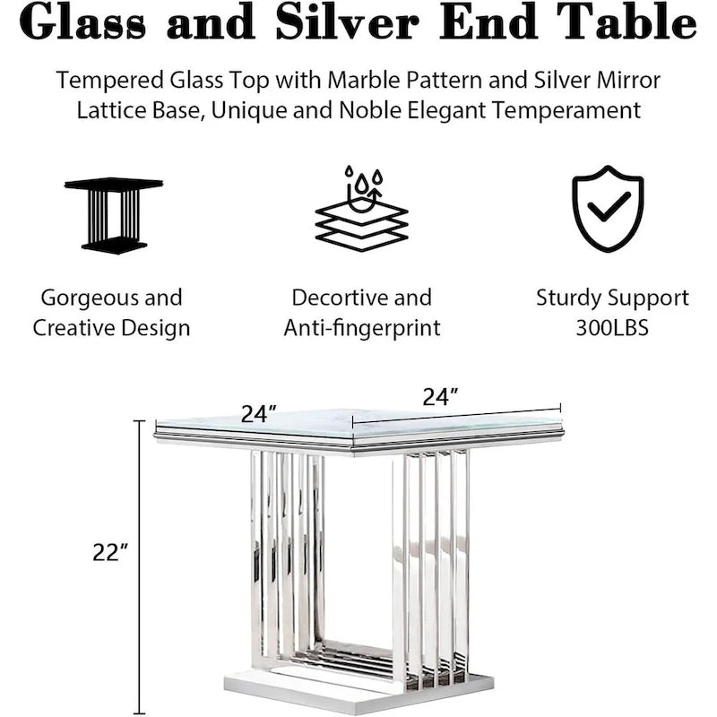Table d'appoint carrée de 61 cm en verre argenté avec base en acier inoxydable