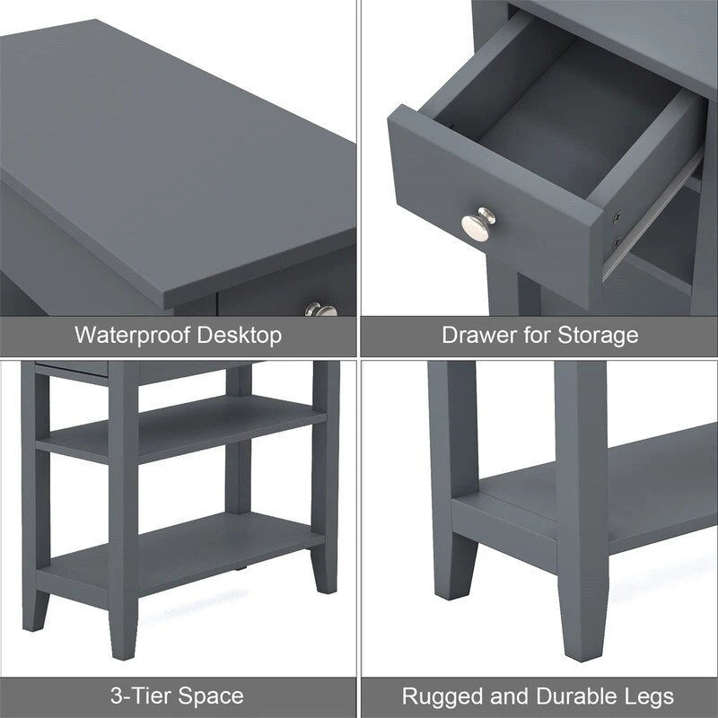 Table d'appoint étroite avec tiroir et double étagère – 60 cm (l) x 61 cm (H)