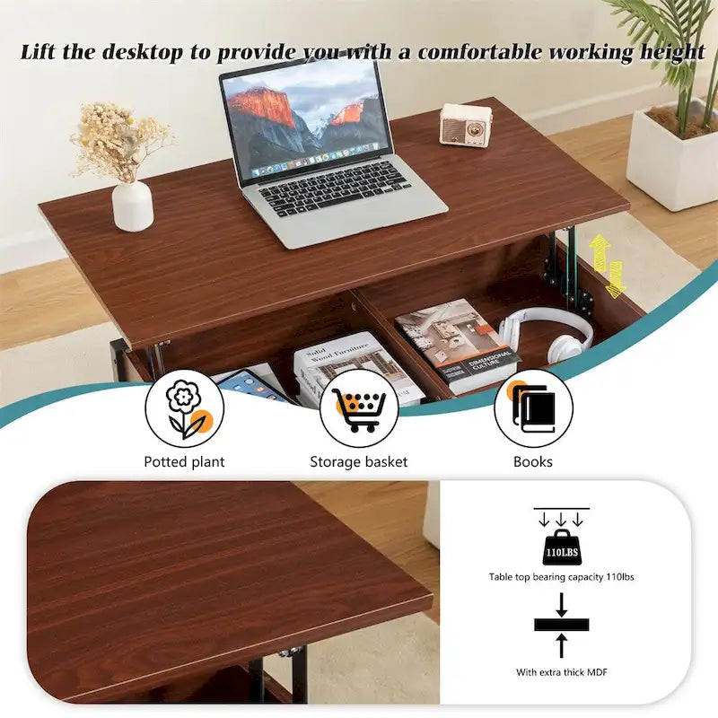 Table basse relevable en métal avec rangement intégré – 99,9 cm (L) x 50 cm (P)