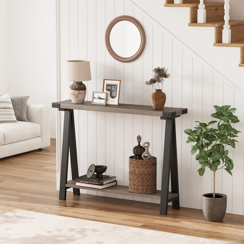Console rustique à 2 niveaux avec pieds en V et étagère de rangement