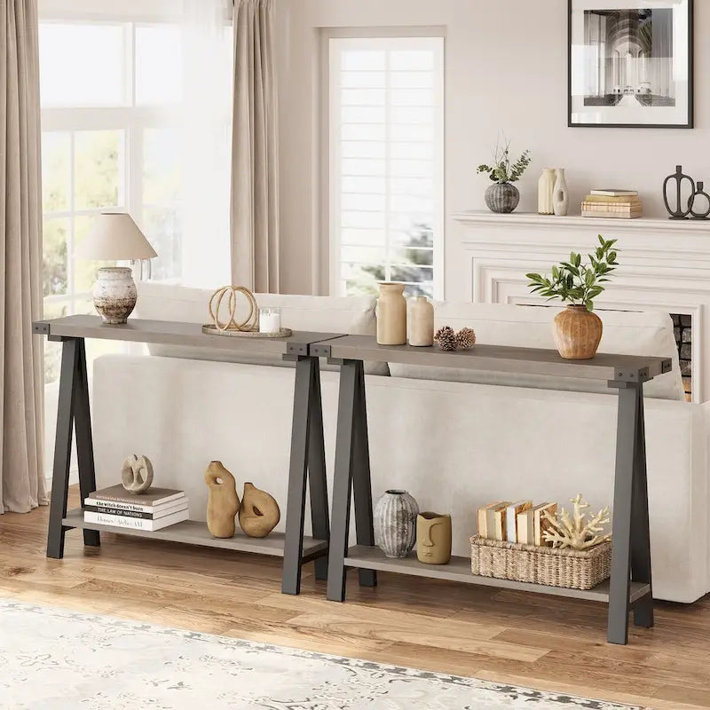 Console rustique à 2 niveaux avec pieds en V et étagère de rangement