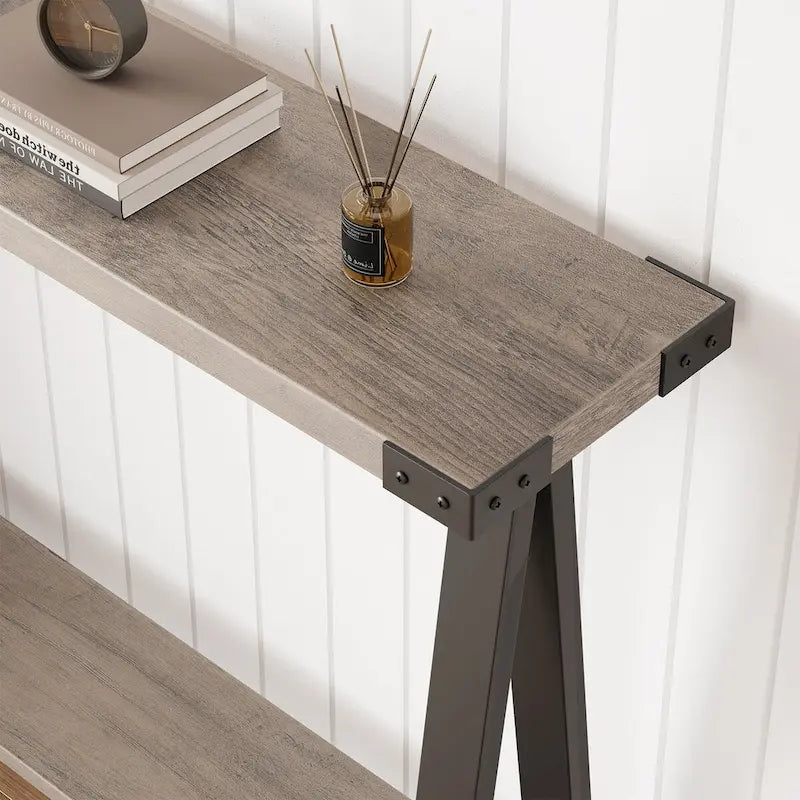 Console rustique à 2 niveaux avec pieds en V et étagère de rangement