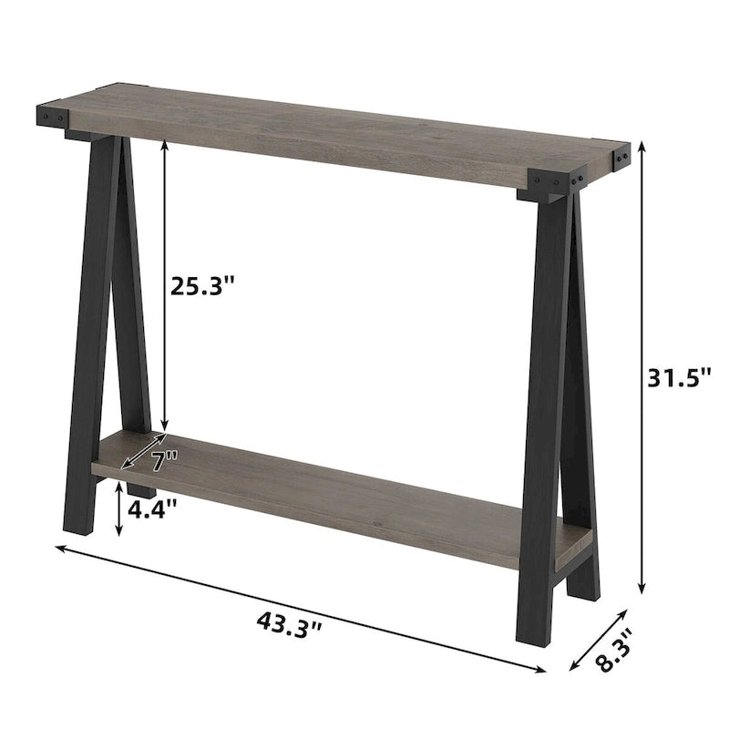 Console rustique à 2 niveaux avec pieds en V et étagère de rangement