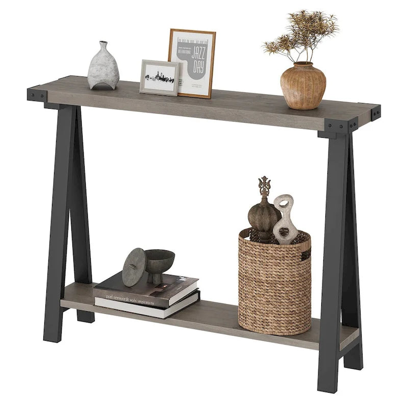 Console rustique à 2 niveaux avec pieds en V et étagère de rangement
