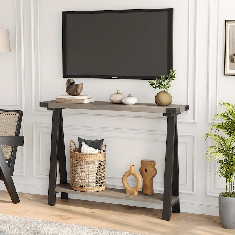 Console rustique à 2 niveaux avec pieds en V et étagère de rangement