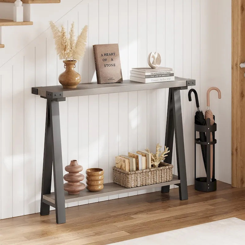 Console rustique à 2 niveaux avec pieds en V et étagère de rangement