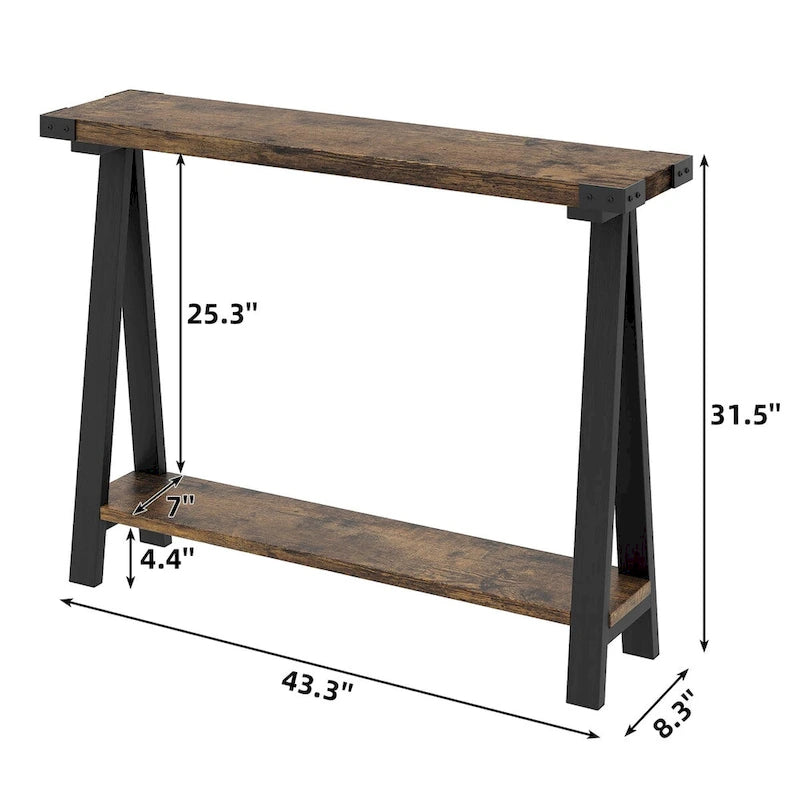 Console rustique à 2 niveaux avec pieds en V et étagère de rangement