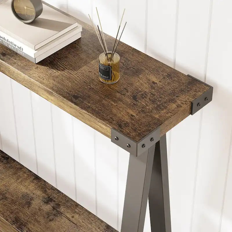 Console rustique à 2 niveaux avec pieds en V et étagère de rangement